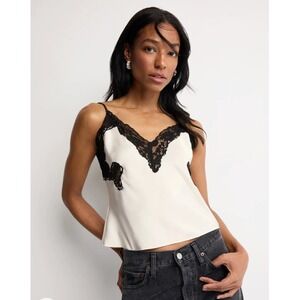 RONNY KOBO Lace Trim Cami Tank Top Ivory Satin Black Sleeveless Crop Size 10
